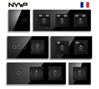 Interrupteur tactile NYWP, prises françaises, chargeur USB-C pour téléphone, interrupteurs muraux en verre cristal 1/2/3 gang, doubles prises, noir