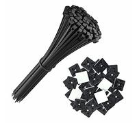 intervisio Collier de Serrage 200 mm x 2,5 mm, Serre Cables, Rilsan 200mm, Nylon, Lot de 100 Pièces + Embases Adhesive pour Attache de Cable, 19 mm, Auto Adhésif 50 Pièces Noir