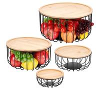 INTERWARM Ensemble de 4 panier à Fruits pour Comptoir de Cuisine Panier | 4 Tailles avec Couvercles en Bambou, Paniers Ronds Empilables pour Ranger Fruits, Légumes, Pain et Collations sur le Comptoir