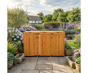 InTheMarket Armoire en bois de luxe à 3 compartiments pour poubelles, convient pour 3 poubelles de 240 l, cachette en bois naturel avec bras hydrauliques et portes verrouillables