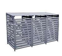 InTheMarket - Meuble de rangement à 3 compartiments en bois pour poubelle à roulettes, 3 bacs de 240 L, bois traité gris, triple poubelle, avec chaînes de levage et portes verrouillables, écran de