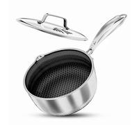INTIGNIS Casserole en inox 3 plis avec couvercle en verre, 20 cm 2 L, revêtement antiadhésif alvéolé GREBLON, deux becs verseurs, tous feux dont induction