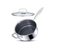 INTIGNIS Casserole en inox 3 plis avec couvercle en verre, 22 cm 3,5 L, revêtement antiadhésif alvéolé GREBLON, deux becs verseurs, tous feux dont induction