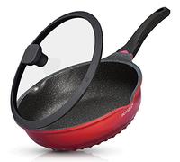 INTIGNIS Poêle à Frire Profonde 28 cm Avec Couvercle en verre - Poêle en Pierre Greblon Antiadhésive, Sauteuse 3 en 1, Wok Céramique, Compatible induction et Gaz (rouge, 24 CM)