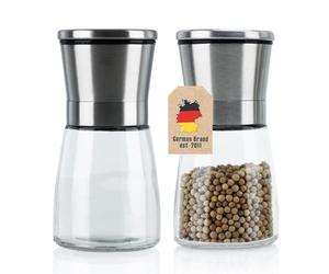 Intirilife 2x Moulins à Poivre en ARGENT TRANSPARENT - Set de Deux Poivrières en Verre et Acier Inoxydable pour la Cuisine - Poivrier pour Mouture et Broyage du Poivre, Sel, Herbes, Aromates