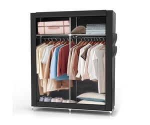 Intirilife Armoire Pliante 108x170x45 cm en Corbeau Noir - Armoire en Tissu avec Fermeture éclair et Tringle à vêtements, Poche latérale et Compartiments - Étagère enfichable, Cadre métallique