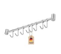 INTIRILIFE Barre de suspension pour la cuisine en acier inoxydable avec 8 crochets mobiles à percer - 47,7 x 3,4 x 2,2 cm - Barre à crochets de cuisine Support mural
