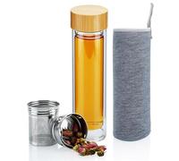 Intirilife Bouteille de thé en Verre avec Filtre en Acier Inoxydable- 400 ML Bouteille Thermique à Double paroi en Verre borosilicaté avec Housse- Bouteille de thé à emporter, Couvercle en Bambou