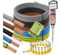 INVOLT H07V-K Câble de câblage 6 mm², lot de 5 x 5 m, conducteur unique noir, bleu, marron, gris, vert-jaune, avec 100 cosses et testeur de tension.