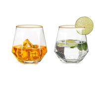 Inweder Verres à Whisky Old Fashioned: 2 Pcs Gobelets sans Pied | Capacité de 300 ml, Bord Doré et Design Géométrique Diamant, Verre Tumbler Moderne pour Bourbon/Rhum/Cocktails/Eau/Jus