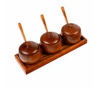 Ioensy 3 Pièces Ensemble Rangement D'épices Plateau Compact Pot à Épices En Bois Cvercle Robuste Pot à Asisonnemen Cuillère En Bois, Style B