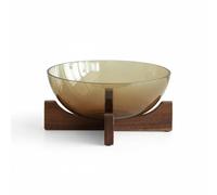 Ioensy Plateau Industriel Bol à Fruits Saladier Plat de Présentation Verre Teinté Base Bois Élégant Polyvalent Adapté à la Salle à Manger Cuisine Bureau Réception, Petit