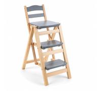 Ioensy Tabouret de Comptoir Tabouret Chaise Escabeau Pliant Siège Haut en Bois Pin avec Dossier Marches Larges Trois Niveaux Pliable Profil 67.5cm Adapté, Gris Ciel Étoilé