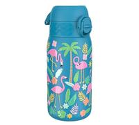 Ion8 Gourde Enfant, Inox Léger, 400ml, Non Isolé, Anti-Fuite, Facile à Ouvrir, Verrouillage Sécurisé, Lavable au Lave-Vaisselle, Poignée de Transport, Acier Inoxydable, Flamants Roses