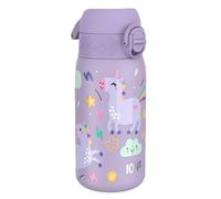 Ion8 Gourde Enfant, Inox Léger, 400ml, Non Isolé, Anti-Fuite, Facile à Ouvrir, Verrouillage Sécurisé, Lavable au Lave-Vaisselle, Poignée de Transport, Acier Inoxydable, Licornes Violet