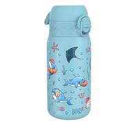 Ion8 Gourde Enfant, Inox Léger, 400ml, Non Isolé, Anti-Fuite, Facile à Ouvrir, Verrouillage Sécurisé, Lavable au Lave-Vaisselle, Poignée de Transport, Acier Inoxydable, Requins