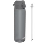 Ion8 Gourde Paille, 500 ml/18 oz, Étanche, Facile à Ouvrir, Verrouillage Sécurisé, Lavable au Lave-vaisselle, Sans BPA, Couvercle Hygiénique, Poignée de Transport, Facile à Nettoyer, Sans Odeur, Gris