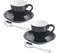 ionEgg Lot de 2 tasses à expresso en porcelaine avec soucoupe et mini cuillères en acier inoxydable, tasse pour expresso, 80 ml/2.7 oz, Noir