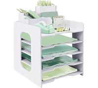 IOUGDSEC Bac à courrier 5 niveaux avec porte-stylos pour Bureau,Organiseur de Empilable Porte Documents A4,banette de rangement casier bureau Bois Plastique le la maison, l'école
