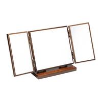 Ipetboom Miroir de Maquillage Marron Pliable à Trois Faces en Bois | Stable Bureau, Base en Bois, Surface Claire et Lisse, Motif Sculpté, Usage Domestique