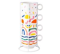 iplusmile Set de 4 Tasses Empilables en Céramique Support Métallique, Capacité 200ml, Design Gain de Place pour Maisons et Restaurants