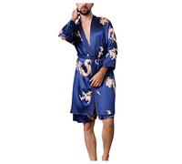 IQYU Peignoir de bain pour homme - En satin - Kimono - Manches courtes - Léger - Col en V - Avec ceinture - Pyjama japonais - Robe de bain - Chemise de nuit en soie, bleu, XXL