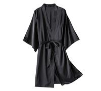 IQYU Peignoir en satin pour femme - Rose - Peignoir fin - Court - Kimono - Grandes tailles - Manches longues - Manteau de sauna léger - Avec ceinture - Vêtement de détente - Chemise de nuit d'hiver