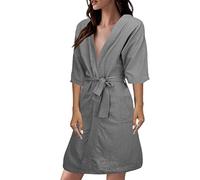 IQYU Peignoir léger et fin en lin pour femme - Manches courtes - Vêtement de nuit d'été avec ceinture - Peignoir de voyage léger - Pour sauna, sauna, nuit, gris, L