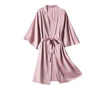 IQYU Peignoir pour femme en coton léger - Chemise de nuit à manches longues - Col en V léger - Avec ceinture - Manches longues - Peignoir fin - Pyjama sexy - Cadeau tendance, Rose, XXXXL
