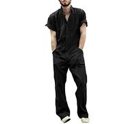 IQYU Salopette de travail pour homme - Salopette stretch - Salopette pour homme - En lin des années 90 - Noir - Combinaison longue d'été - Manches courtes - Survêtement - Coupe droite - Coupe ample -
