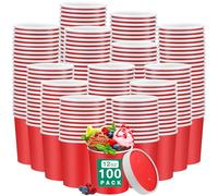 Irenare Lot de 100 gobelets à soupe jetables avec couvercles ventilés, bols à crème glacée, soupe chaude avec couvercles en papier pour Thanksgiving, dessert, yaourt (rouge, 473,6 g)