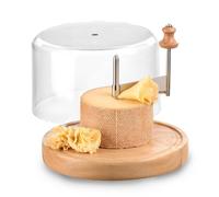 Iris Barcelona Coupe-fromage horizontal avec planche en bois ronde et couvercle transparent, axe central rotatif avec lame pour couper les copeaux et les fleurs de fromage Ø22 cm