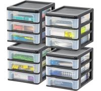 IRIS Lot de 4 petits organiseurs de bureau à 3 tiroirs, empilables, pour bureau, école, papeterie, maquillage, salle de bain, utilitaire, fournitures médicales, rangement polyvalent, noir