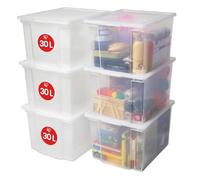 Iris Ohyama, Boite de Rangement avec Couvercle, 30L, Lot de 6, Transparent, Fermeture Facile, Empilables, en Plastique Transparent, pour Dressing, Étagères, Garage, Organisation, Vêtements, USB-M
