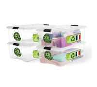 Iris Ohyama, Boite Rangement Plastique avec Couvercle, 32L, Lot de 4, Transparent, Clips de Fermeture, Poignée, Empilable, Organisation Solide et Durable, pour Chambre, Dressing, Bureau, BSB-32