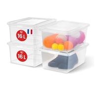 Iris Ohyama, Boite de Rangement Plastique Multi-Usages, 16L, Lot de 4, Transparent, Fermeture Facile, Empilable, pour Chambre, Cuisine, Bureau, Salle de Bain, Vêtement, Jouet, Sans BPA, CNL-16E