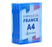 Iris Ohyama, Boite Rangement Bureau, Boite de Classement, Set de 4, Bleu, Capacité de 150 feuilles A4 chacune, Empilable avec Poignée et Fermeture Sécurisée, Sans BPA, Dossier, Chemise, PJC-A4