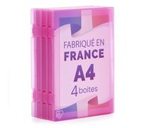 Iris Ohyama, Boite Rangement Bureau, Boite de Classement, Set de 4, Rose, Capacité de 150 feuilles A4 chacune, Empilable avec Poignée et Fermeture Sécurisée, Sans BPA, Dossier, Chemise, PJC-A4