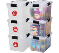 Iris Ohyama, Boite Rangement Hermétique, 20L, Lot de 6, Transparent, Couvercle avec Joint Etanche, 4 Clips de Fermeture, Empilable, pour Exterieur, Garage, Vetement, Anti Poussiere, Sans BPA, AT-SD