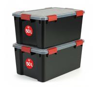 Iris Ohyama, Boite Rangement Hermétique, 50L, Lot de 2, Noir, Couvercle avec Joint Etanche, 6 Clips de Fermeture, Empilable, pour Exterieur, Garage, Vetement, Anti Poussiere, Sans BPA, AT-L
