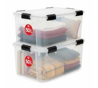 Iris Ohyama, Boite Rangement Hermétique, 50L, Lot de 2, Transparent, Couvercle avec Joint Etanche, 6 Clips de Fermeture, Empilable, pour Exterieur, Garage, Vetement, Anti Poussiere, Sans BPA, AT-L