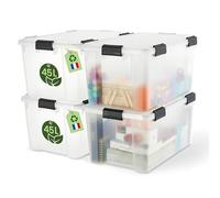 Iris Ohyama, Boite Rangement Hermétique Plastique, 45L, Lot de 4, Transparent, Couvercle, Joint Etanche, Clips de Fermeture, Empilable, pour Exterieur, Garage, Vetement, Anti Poussiere, WSB-45