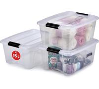 Iris Ohyama, Boite Rangement Plastique avec Couvercle, 15L, Lot de 3, Transparent, Clips de Fermeture, Poignée, Empilable, Organisation Solide & Durable, pour Chambre, Dressing, Bureau, NTB-15