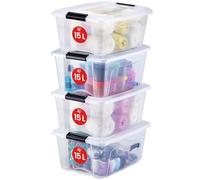 Iris Ohyama, Boite Rangement Plastique avec Couvercle, 15L, Lot de 4, Transparent, Clips de Fermeture, Empilable, Organisation, Bureau, Sans BPA, Caisse Rangement Plastique, Bac, NTB-15