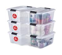 Iris Ohyama, Boite Rangement Plastique avec Couvercle, 15L, Lot de 6, Transparent, Clips de Fermeture, Poignée, Empilable, Organisation Solide & Durable, pour Chambre, Dressing, Bureau, NTB-15