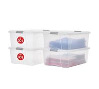Iris Ohyama, Boite Rangement Plastique avec Couvercle, 30L, Lot de 4, Argent, Clips de Fermeture, Poignée,Empilable, Organisation Solide & Durable, pour Chambre, Dressing, Bureau,NTB-30
