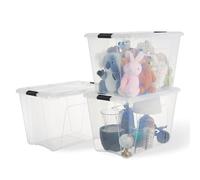 Iris Ohyama, Boite Rangement Plastique avec Couvercle, 55L, Lot de 3, Transparent, 98% en Plastique Recyclé, Clips de Fermeture, Poignée, Empilable, pour Chambre, Dressing, Bureau, Sans BPA, BSB-55