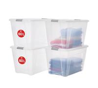 Iris Ohyama, Boite Rangement Plastique avec Couvercle, 60L, Lot de 4, Argent, Clips de Fermeture, Poignée,Empilable, Organisation Solide et Durable, pour Chambre, Dressing, Bureau, NTB-60