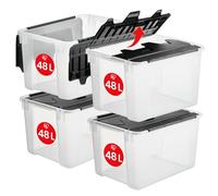 Iris Ohyama, Boite Rangement Plastique avec Couvercle Crocodile, Caisse de Rangement, 48L, Lot de 4, Transparent, Sans BPA avec poignées, Empilable, Organisation Solide, Garage, Bureau, CWL-48