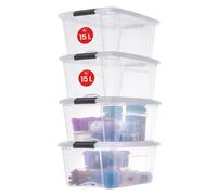 Iris Ohyama, Boites de Rangement Plastique avec Couvercle, 15L, Lot de 4, Transparent, NTB-15